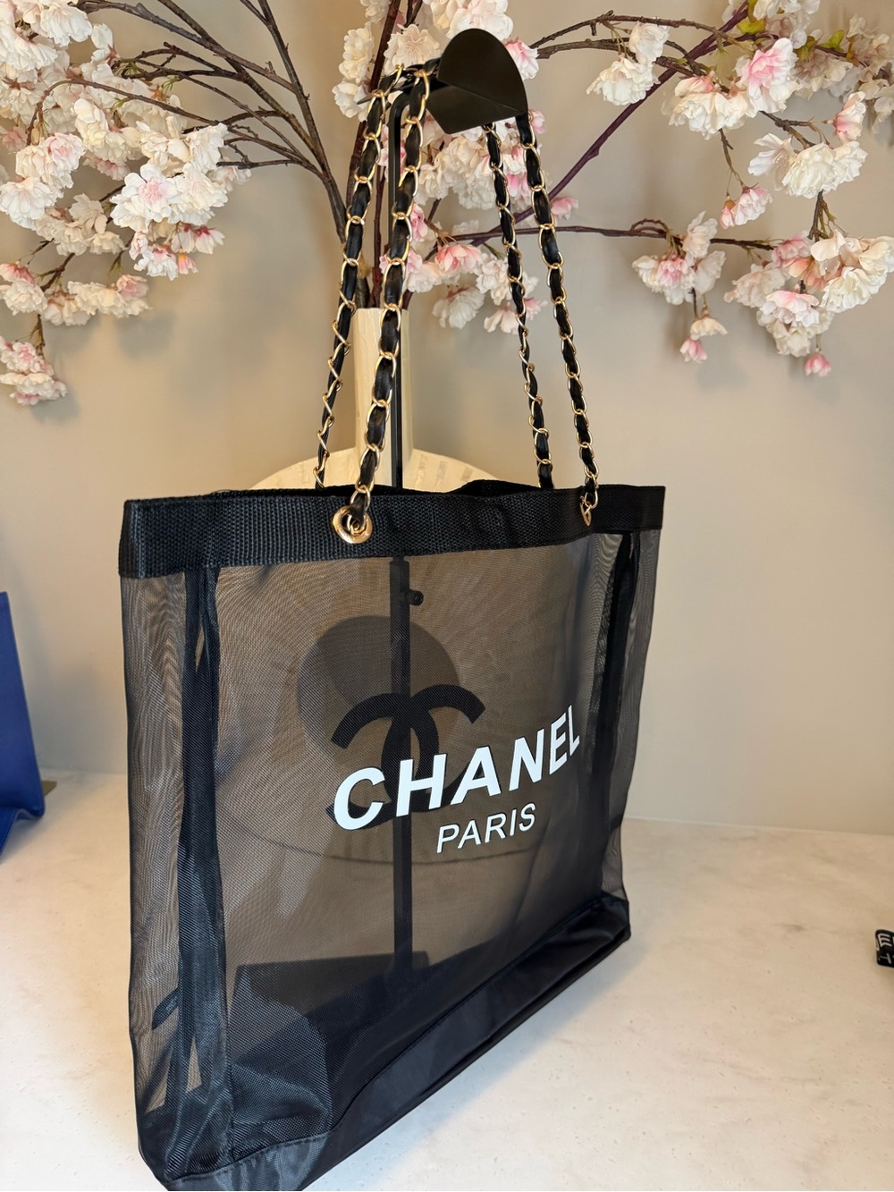 Chanel Parfum VIP Black Mesh Tote with White Logo and Gold Chain Straps